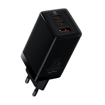 Baseus GaN3 Pro wall charger, 2xUSB-C + USB, 65W (black)