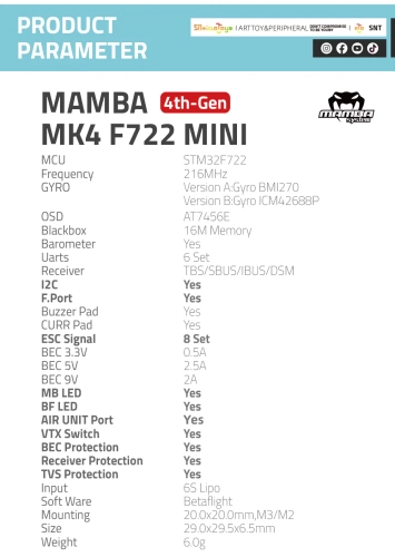 MAMBA MK4 F722 Mini FC Flight Controller (ICM42688P)