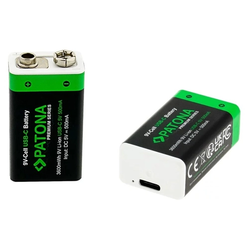 2x Akumulatory PATONA Premium 9V 3600mWh z USB-C i kablem