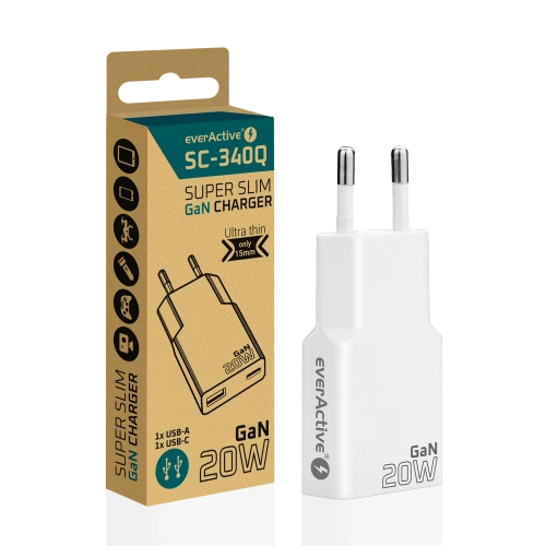 EverActive GaN SUPER SLIM SC-340Q mains charger with USB QC3.0 and USB-C PD 20W