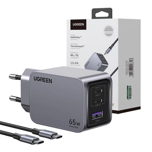 Ugreen Nexode Pro Wall Charger, USB + 2x USB-C, 65W + 1.5m USB-C Cable (Black)
