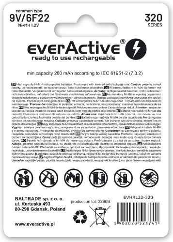 everActive 6F22/9V Ni-MH 320mAh Rechargeable Battery Ready to Use